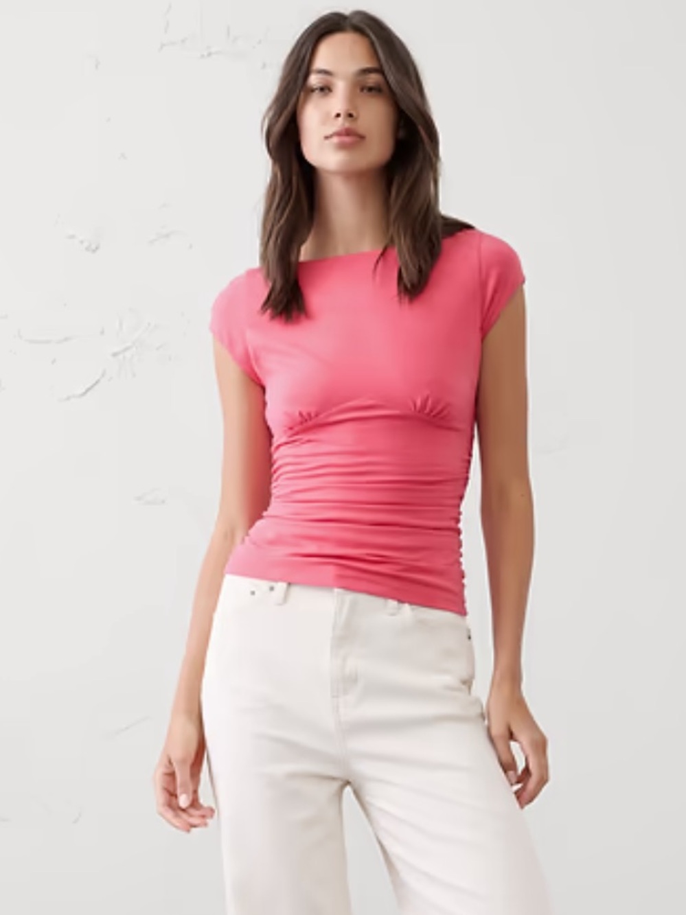 Women’s Pink Ruched Cap-Sleeve Top